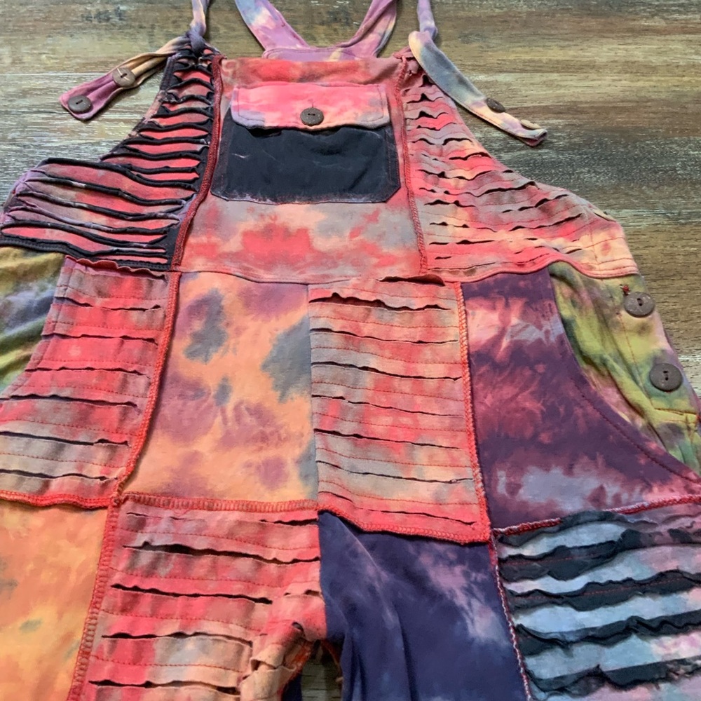 Tie Dye Razor Cut Patchwork Overalls Size OSFM - Picture 3 of 6